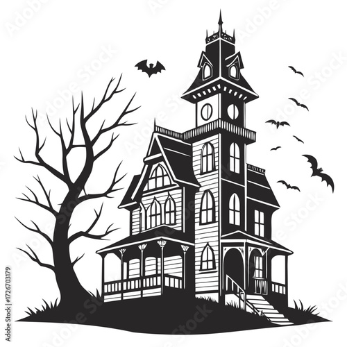 Spooky large haunted mansion with multiple crooked towers and eerie atmosphere