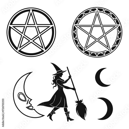 Mystical halloween circle with pentagram and moon phases for spooky celebrations