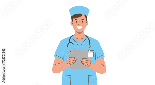 Friendly male doctor in light blue scrubs holds tablet, stethoscope around neck, ready to assist patients with care and modern technology.
