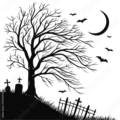 Spooky graveyard scene with tombstones silhouetted under a mysterious crescent moon