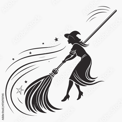 Silhouette of a flying broomstick with dynamic motion lines creating a sense of speed and magic