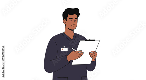 Confident medical professional diligently documenting patient care with a clipboard and pen, conveying expertise and commitment.