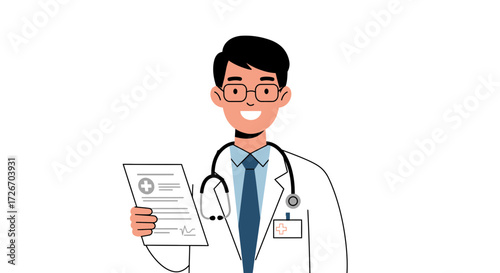 Confident male doctor smiling and holding medical chart, offering expert care and guidance with a friendly demeanor and professional attire