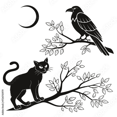 Mystical witch familiars black cat wise owl and mysterious raven collection