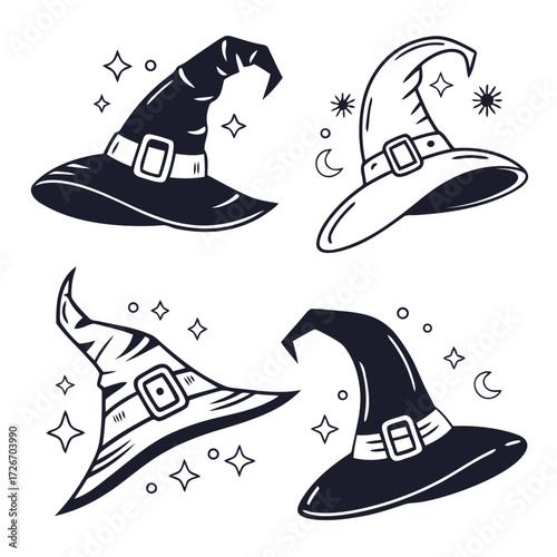Enchanting witch hats with mystical sparkles and ancient runes illustration