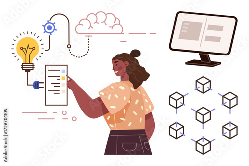 Woman interacting with data charts and diagrams surrounded by a computer screen, cloud connection, and cubes network. Ideal for technology, innovation, data management, blockchain, cloud computing