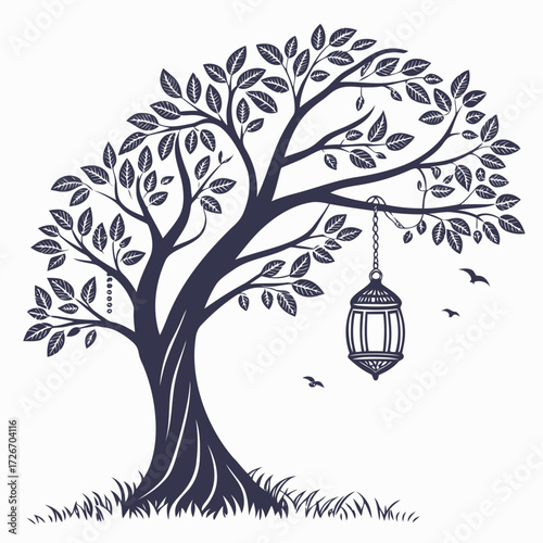 Enchanting mystical tree adorned with glowing magical orbs fantasy illustration
