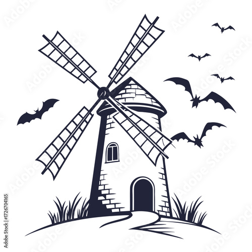 Spooky old windmill with tattered sails and swirling mist illustration