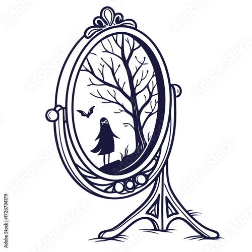 Ornate haunted mirror with a faint ghostly reflection silhouette