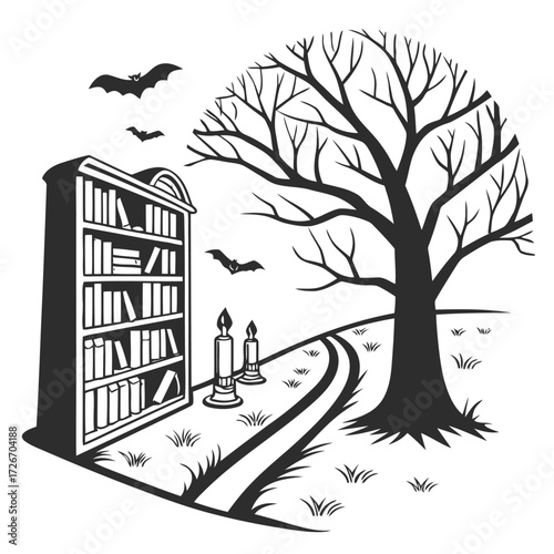 Mysterious haunted library scene with floating books and ethereal ghostly figures
