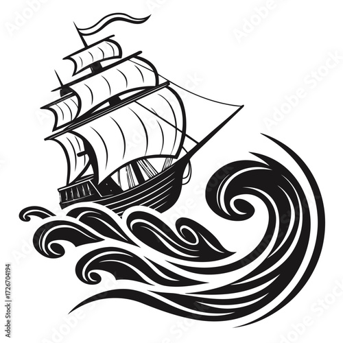 Eerie haunted ghost ship with tattered sails battling a fierce stormy sea at night