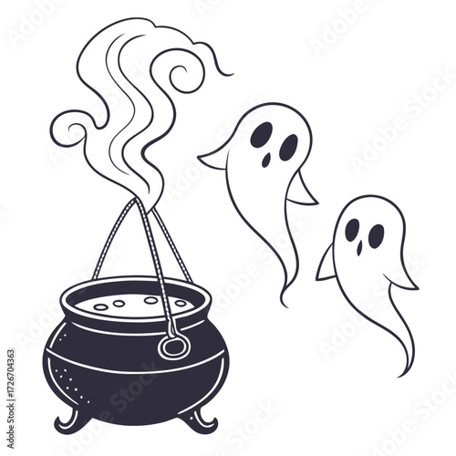 Mystical floating cauldron conjuring a spectral ghost with wisps of smoke