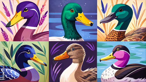 Duck vector set collection including Mallard, Pekin, Muscovy, Rouen, and Cayuga ducks, swimming and standing, representing avian diversity, waterfowl beauty, and natural harmony