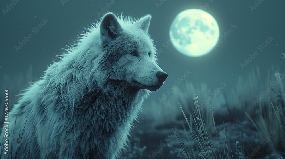 Obraz premium hyper realistic wolf standing on cliff under full moon