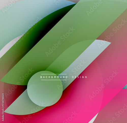 Abstract design features overlapping translucent shapes. Green, pink, gray hues create dynamic composition. Modern aesthetic.