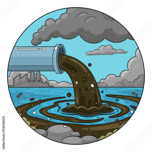 water pollution from industry.dirty waste water in the sea design vector doodle illustration