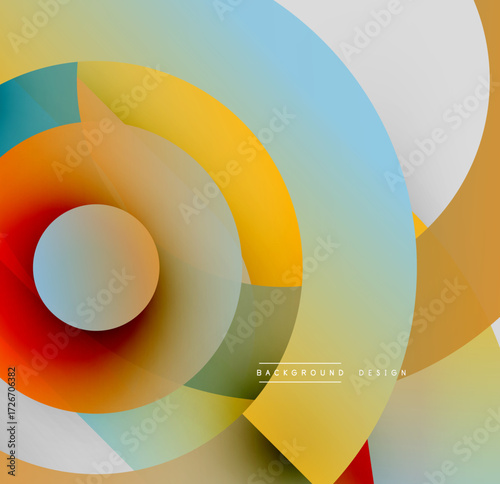 Abstract colorful circles overlap, creating dynamic visual effect. Soft gradients blend hues, forming modern design element.