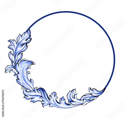 A round frame with intricate baroque-style leaves in shades of blue and white, set against a blank white background. Hand made pencil texture ideal for creating elegant monograms, cards, and wedding 