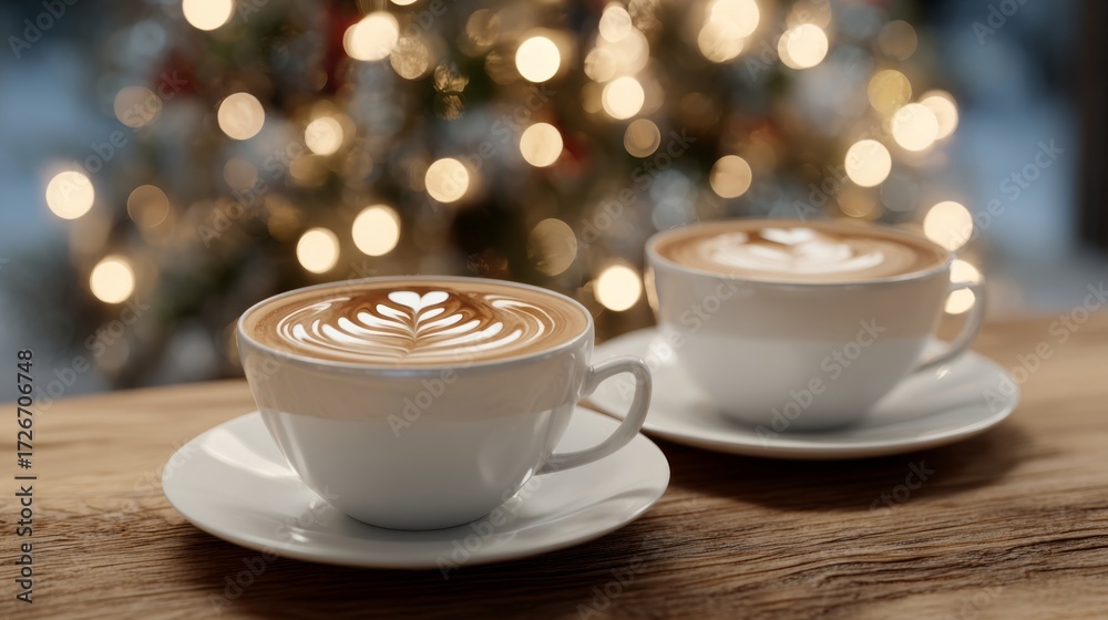 Fototapeta premium Two elegant cups of coffee with intricate latte art sit on a rustic wooden table, set against a soft, festive bokeh background.