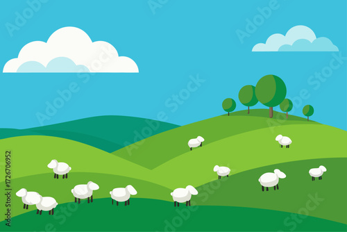 A flock of sheep grazing peacefully on a hill