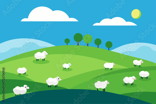 A flock of sheep grazing peacefully on a hill