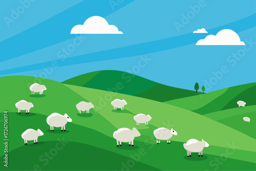 A flock of sheep grazing peacefully on a hill