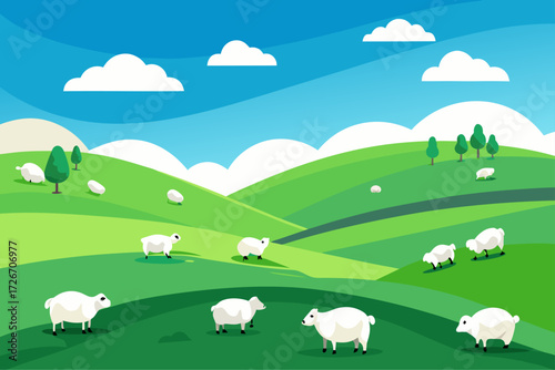 A flock of sheep grazing peacefully on a hill