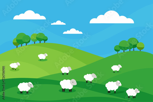 A flock of sheep grazing peacefully on a hill