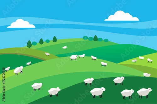 A flock of sheep grazing peacefully on a hill