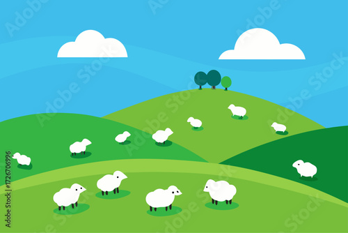 A flock of sheep grazing peacefully on a hill