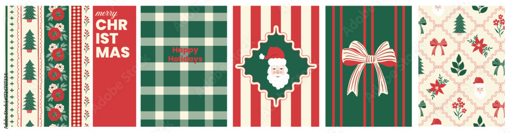 Obraz premium Vintage Christmas pattern background posters with Santa, bows, stripes, florals, trees, and holiday text. Great for greeting cards, scrapbook, invite, graphics, t-shirt print, banner, social media,
