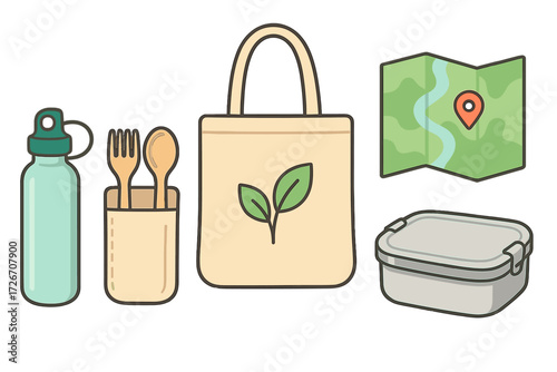 Collection of sustainable travel and eco-friendly lifestyle essentials including reusable water bottle tote bag and lunchbox