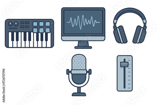 Music production and audio recording equipment icons set with keyboard, monitor, headphones, microphone, and mixer