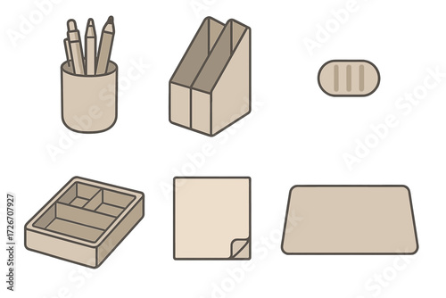 Essential office supplies and desk organization items, including stationery, accessories, and tools for a productive workspace