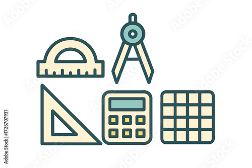 Essential geometric and mathematical tools including a protractor, compass, set square, and calculator for various applications