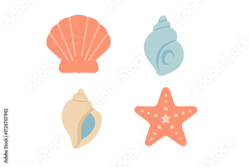 Assortment of stylized marine life elements including various sea shells and a starfish on a white background