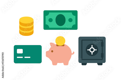 Essential financial icons set with money, credit card, piggy bank, and secure safe for banking and savings concepts