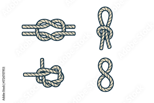 Collection of various nautical rope knots including square knot, figure eight, and other essential sailing and climbing ties