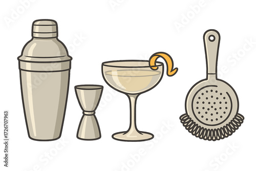 Essential bar tools for mixing cocktails including a shaker, jigger, strainer, and a garnished drink