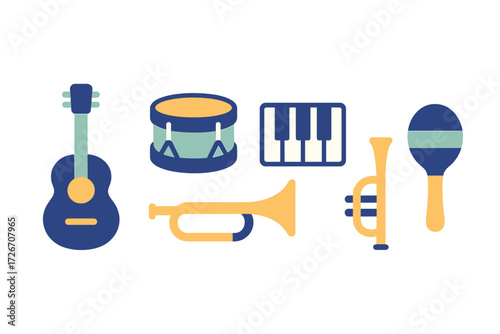 Assortment of diverse musical instruments featuring guitar, drum, keyboard, trumpet, and maraca on white background
