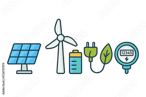 Green energy generation and consumption concept with solar panel, wind turbine, battery, electric plug, and power meter