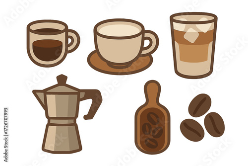 Diverse collection of coffee beverages including espresso, latte, iced coffee, and brewing equipment like moka pot with roasted coffee beans