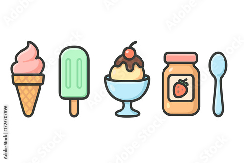 Delightful collection of sweet dessert and food icons featuring ice cream cone, popsicle, sundae, strawberry jam, and spoon