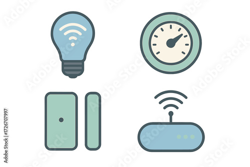 Contemporary smart home technology icons set with wireless light bulb, internet router, and energy consumption meter