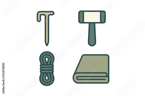 Essential camping and outdoor adventure equipment set including tent peg, mallet, coiled rope, and folded tarp for wilderness exploration