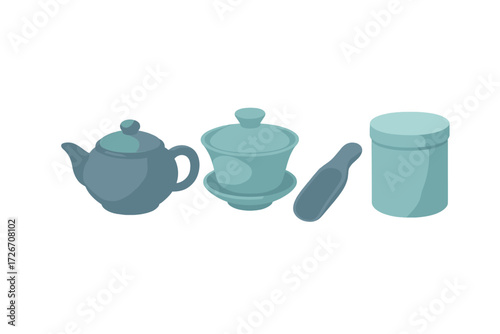 Elegant collection of traditional Asian tea ceremony utensils including teapot, gaiwan, tea scoop, and storage canister
