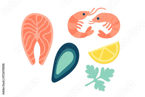 Vibrant fresh seafood assortment featuring salmon, shrimp, mussel, lemon, and parsley on a clean white background, ideal for healthy culinary concepts