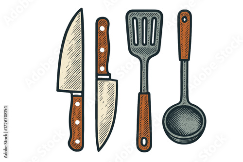 Collection of essential kitchen cooking tools and cutlery for food preparation