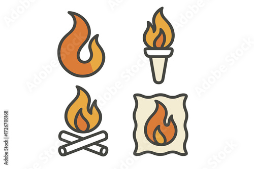 Fire and flame symbols including burning torch, traditional campfire, and abstract fiery elements for heat, energy, danger