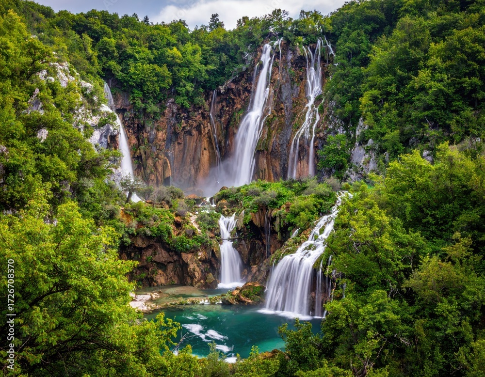 Obraz premium Lush forest surrounds cascading waterfalls into a turquoise pool